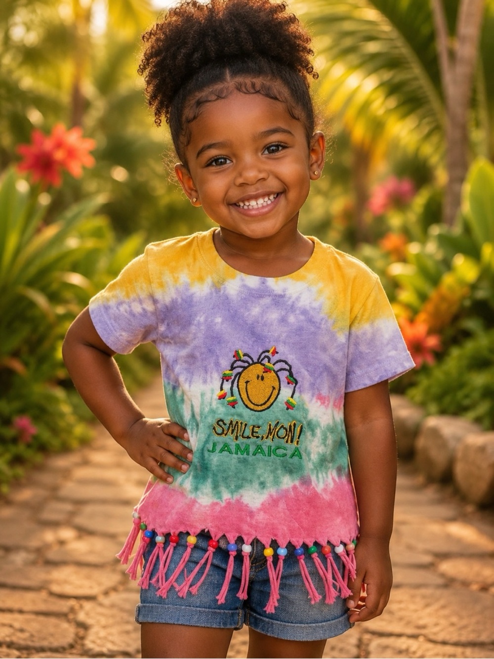 Vintage TropiX Jamaica Smile Mon!  Kids Tie Dye Fringe Beaded T-Shirt Size 2-4